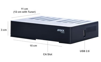 APEBOX S WiFi Full HD satelliitvastuvõtja (1080p, 1x DVB-S2, USB 2.0, HD-väljund, WiFi, CA-kaardilugeja, LED-ekraan, IR, optiline SPDIF, AV-kaabel, RS232 ja YouTube)