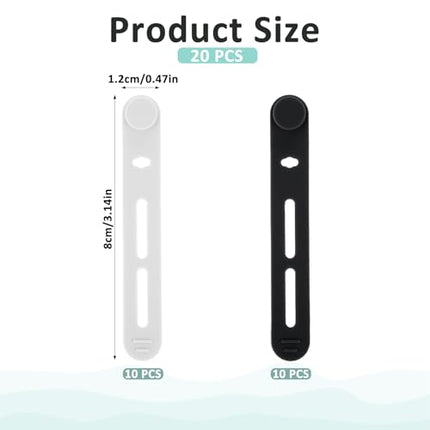 Reusable Silicone Cable Ties, Adjustable Wire Organizer, Bundle Straps for Devices and Charging Cables, Black and White, 20 Pack