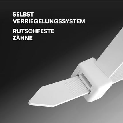 400 Cable Ties Small White 300mm UV Resistant Electrical Installation - Nylon 6.6 cable ties tensile strength 22Kg Self-locking non-slip that are resistant to fire, heat and frost - 300x4.5mm