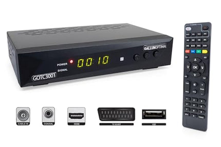 GALLUNOPTIMAL DVB-C ja DVB-T2 H265 kombineeritud vastuvõtja automaatse installimise ja salvestusfunktsiooniga, mis sobib igale kaabeloperaatorile JA kõigi tasuta DVB-T2 kanalite vastuvõtmiseks antenni kaudu.