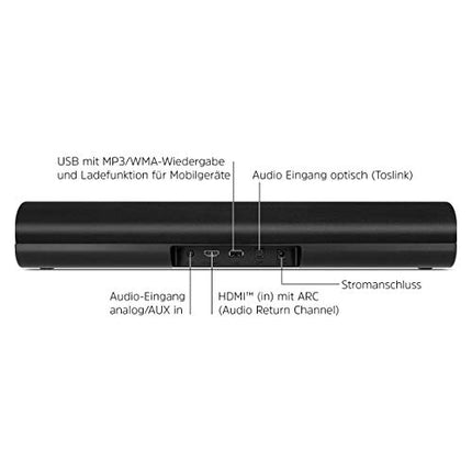 TechniSat AUDIOMASTER SL 450 – Soundbar with Bluetooth (30 Watt, USB port, HDMI, HDMI ARC, 2.0 channel, AUX-in, optical audio input, remote control) black