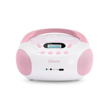 mooov 477407 CD-mängija lastele kõlarite, USB, kõrvaklapipesa ja AUX-IN-pordiga - kaasaskantav Boombox CD-mängija - töötab vooluvõrgust või patareidega - ükssarviku mudel - roosa/valge