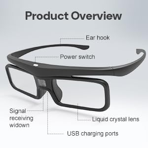 AWOL VISION DLP Link 3D Glasses, Rechargeable Active Shutter Glasses, Compatible with AWOL VISION LTV-2500, LTV-3500, Vanish TV and Other DLP-Link 3D Projectors (1 Pack)