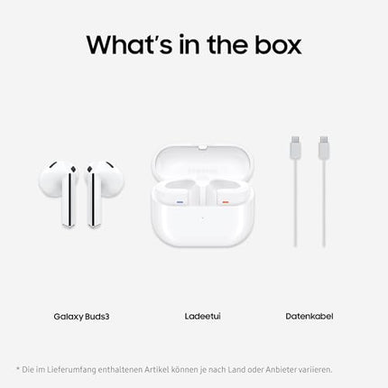Samsung Galaxy Buds3 juhtmevabad Bluetooth-kõrvaklapid, aktiivne mürasummutus (ANC), adaptiivne mürasummutus, kõrvasisesed kõrvaklapid 360-kraadise heliga, valged, kaasas Anymode läbipaistev ümbris