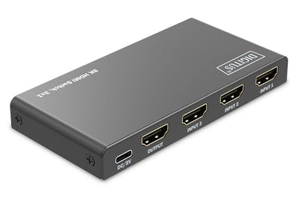 DIGITUS DS-55333 HDMI-lüliti 3x1 – 3 sisendit, 1 väljund – UHD 8K/60 Hz HDTV: 7680 × 4320p – HDCP 2.3 ja HDMI 2.1 – HDR, CEC, Deep Color, DTS, Dolby Digital, LPCM – teleri, monitori, PS5, PS4, Xboxi jaoks