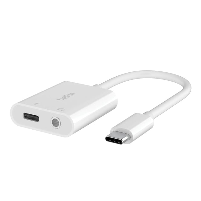 Belkin Rockstar™ 3,5 mm audio + USB-C® laadimisadapter, kõrvaklappide adapter, kiirlaadimine USB-C toitega, 60 W, iPhone 15, iPad Pro, Galaxy, Note, Google Pixel, LG, Sony Xperia ja paljudele teistele seadmetele, valge