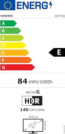 Hisense 65E7NQ 164 cm (65-tolline) televiisor, 4K UHD, QLED, HDR10, HDR10+ dekodeerimine, HLG, Dolby Vision Atmos, 60Hz paneel, sujuv liikumine, Bluetooth, sisseehitatud Alexa, VIDAA Voice, must [2024]