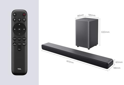 TCL S55HE 2.1-kanaliga Dolby Atmos kõlaririba, maksimaalne võimsus 220 W kahekordse bassisüsteemiga, DTS Virtual X tugi, HDMI eARC ja Bluetooth 5.3, kõlaririba juhtmevaba subwooferiga, kodukino