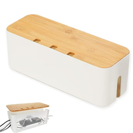 Cable management box, cable organizer with bamboo lid, white cable box for hiding power strips and electrical devices