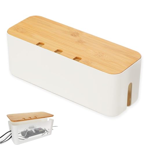Cable management box, cable organizer with bamboo lid, white cable box for hiding power strips and electrical devices