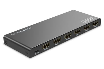 DIGITUS DS-55332 HDMI-lüliti 5x1 - 5 sisendit, 1 väljund - UHD 4K/60 Hz HDTV: 3840 x 2160p - HDCP 2.2 ja HDMI 2.0 - HDR, CEC, Deep Color, DTS, Dolby Digital, LPCM - teleri, monitori, PS5, PS4, Xboxi jaoks