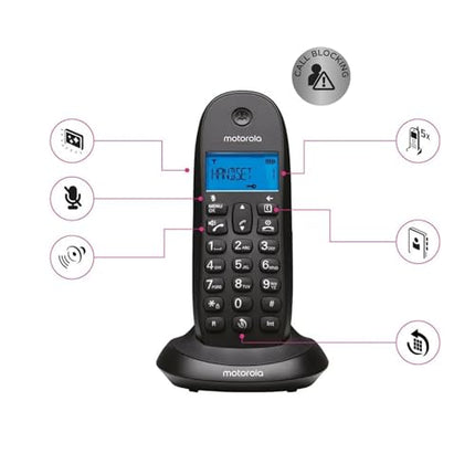 Motorola C1001CB+ – digitaalne DECT juhtmeta telefon – kõnede blokeerimise režiim, helistaja ID, valjuhääldi, 50 numbrit mahutav telefoniraamat, taustvalgustusega ekraan – must