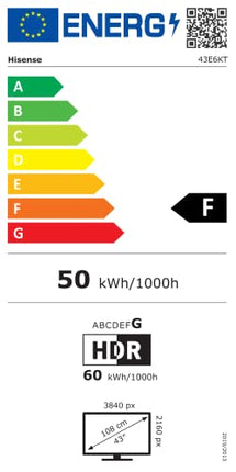 Hisense 43E6KT 108 cm (43 tolli) televiisor, 4K UHD, nutiteler, HDR, Dolby Vision, kolmekordne tuuner DVB-C/S/S2/T/T2, raamita, WiFi, Bluetooth, sisseehitatud Alexa, DTS Virtual X, hotellirežiim, must [2023]