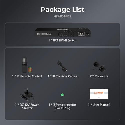 TESmart 8×1 HDMI-lüliti, 8 sisendit, 1 väljund, toetab 4K@60Hz HDCP 2.2, 19-tolliste rackmount kõrvaklappidega | RS-232/LAN-juhtimine | IR-kaugjuhtimispult ja automaatne lüliti | Automaatne skaneerimine eelseadistatud intervalliga, must