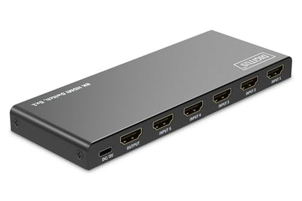 DIGITUS DS-55334 HDMI-lüliti 5x1 – 5 sisendit, 1 väljund – UHD 8K/60 Hz HDTV: 7680 × 4320p – HDCP 2.3 ja HDMI 2.1 – HDR, CEC, Deep Color, DTS, Dolby Digital, LPCM – teleri, monitori, PS5, PS4, Xboxi jaoks