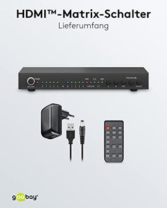 goobay 58478 HDMI maatrikslüliti 4-2 / ​​maatrikslüliti jaotur 4k @ 30Hz / puldiga Blu-ray-mängija, Xboxi, PS5 ja teleri jaoks / 4 sisendit ja 2 väljundit