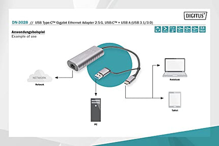 DIGITUS USB Network Adapter - 2.5 Gbit/s - RJ45 to USB 3.1 - incl. Type-A Adapter - Full-Duplex - Auto MDI-X - Gray