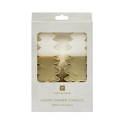 Christmas tree-shaped candles, white and gold, perfect for the dining table or fireplace, use as home decoration, stocking filler, unscented, size 22 cm, burn time: 8