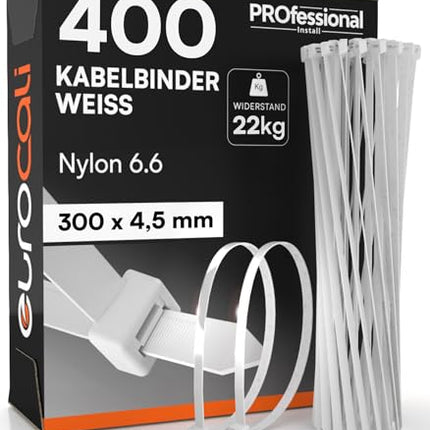 400 Cable Ties Small White 300mm UV Resistant Electrical Installation - Nylon 6.6 cable ties tensile strength 22Kg Self-locking non-slip that are resistant to fire, heat and frost - 300x4.5mm