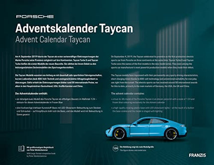 FRANZIS 67203 - Porsche Taycan Advent Calendar Frozen Blue, metal model kit in 1:24 scale, including LED showroom lighting and 52-page accompanying book