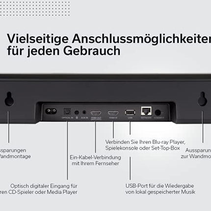 Denon Home Sound Bar 550 kompaktne kodukino soundbar koos Dolby Atmose, DTS:X, sisseehitatud Alexa, WiFi, Bluetoothi, AirPlay 2, sisseehitatud HEOSi, HDMI eARC, 4K Ultra-HD, Dolby Visioni, HDR10-ga, must
