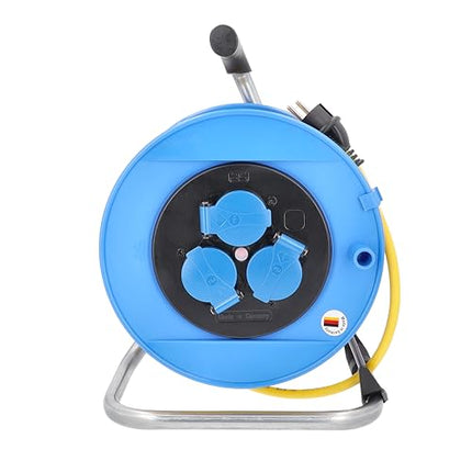 as - Schwabe cable drum 25 m armored cable K35 AT-N07V3V3-F 3G1.5 yellow, 3 earthing contact sockets with hinged lid, earthing contact plug, outdoor, IP44, blue, Made in Germany, 11004