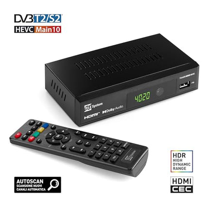 Tele System TS4020 dekooder kahe DVB-T/T2 ja DVB-S/S2 HEVC HD HDR10 HLG tuuneriga, juurdepääs tasuta eetrisse, maapealsele televisioonile ja satelliittelevisioonile ning raadiole. USB-meediapleier muusika ja fotode jaoks.