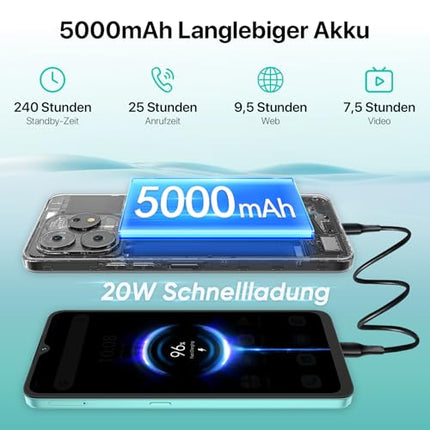 UMIDIGI A15 nutitelefon NFC-ga, 256 GB (kuni 2 TB) + 16 GB, Android-telefon, 64 MP + 16 MP, 6,7-tolline HD+ ekraan, lepinguta, 5000 mAh + 20 W kiirlaadimine, 4G kahe SIM-kaardiga lukustamata telefonid, roheline