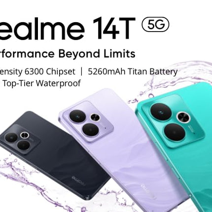 realme 14T 5G nutitelefon, 8+256 GB, 5260 mAh aku, Dimensity 6300 kiibistik, IP69 veekindel, 50 MP kaamera, 120 Hz silmasõbralik ekraan, lilla, Amazoni eksklusiivne (ilma adapterita)