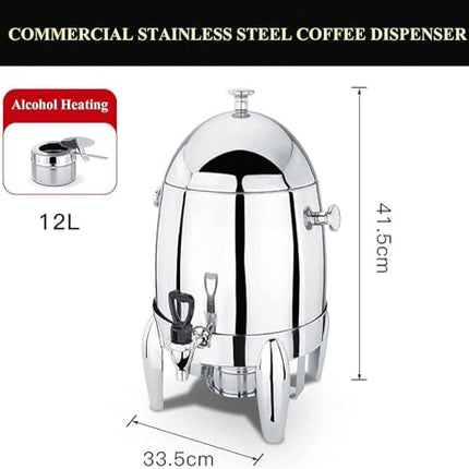 Commercial coffee urn, stainless steel hot beverage dispenser with lid, tap, and fuel holder for hotels, buffets, and catering events/made entirely of steel (color: all-steel)