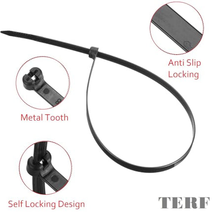 TERF® metallhammastega kaablisidemed, 370 mm x 4,8 mm, vastupidavad nailonist kaablisidemed, turvaline isesulguv mehhanism, plastkaablisidemed koju, kontorisse, aeda, töökotta, lattu, isetegemiseks