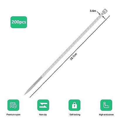 Nylon Cable Ties 200 mm x 3.6 mm Plastic Secure Self-Locking Mechanism for Home, Garden, Office and DIY Use, White, Pack of 200