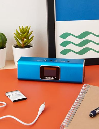 MusicMan TXX3548 MA Soundstation Stereo Speaker with Integrated Rechargeable Battery and LCD Display (MP3 Player, Radio, microSD Card Slot, USB Slot), Blue