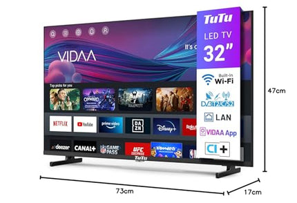 TuTu TUV32HQ1B 32-tolline nutiteler, 80 cm LED HD-teler WiFi-ga, App Store, kolmekordne tuuner (DVB-T/T2, DVB-C, DVB-S/S2), HDMI, USB