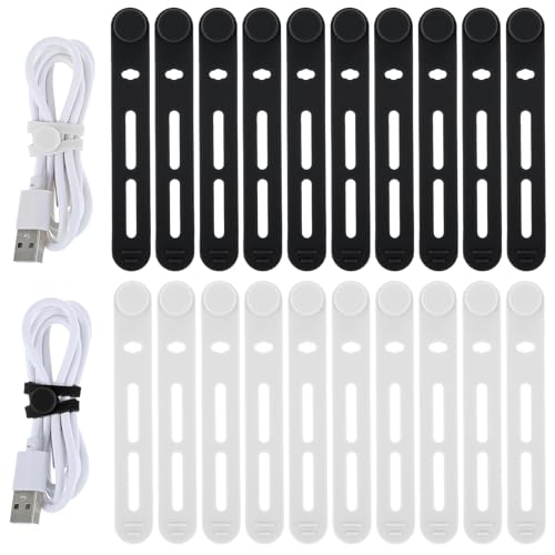 Reusable Silicone Cable Ties, Adjustable Wire Organizer, Bundle Straps for Devices and Charging Cables, Black and White, 20 Pack