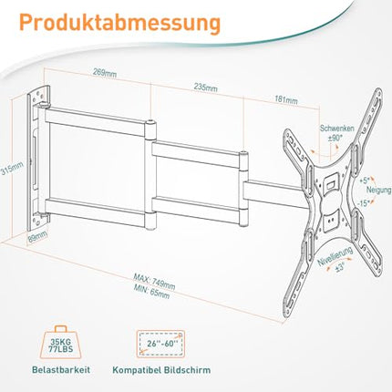 ELIVED pika varrega teleri seinakinnitus enamiku 26–60-tolliste telerite jaoks, nurgale pikendatav telerikinnitus 749 mm, max. VESA 400x400 mm, kandevõime kuni 35 kg, EV3017