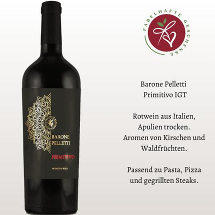 Gift set: Primitivo Barone Pelletti red wine with chocolate truffles and figs in chocolate | Gift basket of wine and chocolate for men and women for birthdays, weddings, and anniversaries