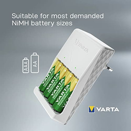 VARTA akulaadija, sh 4x AA 2100mAh, akulaadija laetavatele akudele, laeb korraga 2 või 4 AA/AAA akut, pistikupesast laadija, valge