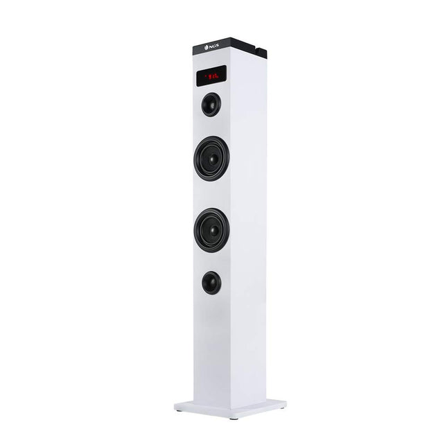 NGS Sky Charm White - 50W Bluetooth-kõlar kaugjuhtimispuldi, optilise sisendi, USB, FM-raadio ja AUX-sisendiga (valge)