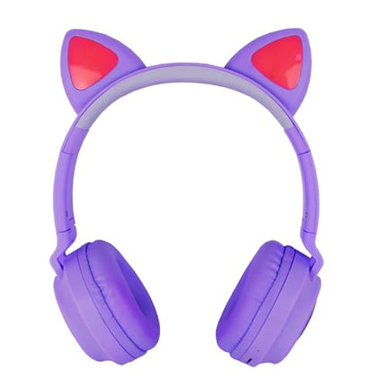 Techmade - Wireless LED Headphones | Cat Ear Design with Microphone | Clear Sound &amp; Function Keys | 6 Hour Battery Life | Adjustable &amp; Soft Ear Cushions, Purple