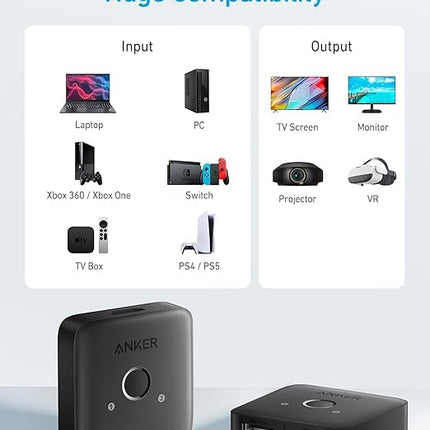Anker HDMI-lüliti, 4K @ 60Hz, kahesuunaline lüliti, 2-in-1 väljund sileda pinnaga, toetab HDR-i, 3D-d, Dolbyt, ühildub sülearvutite, arvutite, Xboxi seeria, PS5/PS4, projektorite jne.