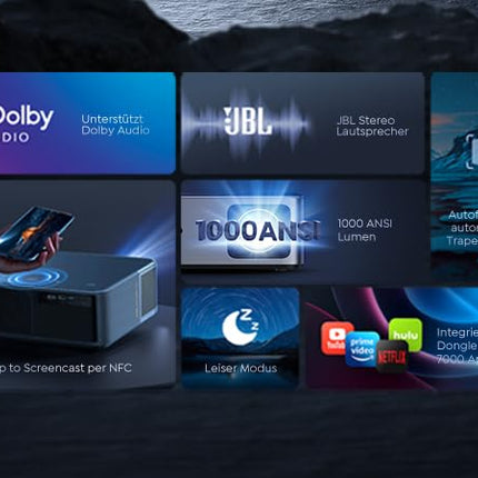 4K Projector with Android TV 11.0, Sound by JBL, Dolby Audio, NFC, Autofocus, Auto Keystone Correction, WiFi6, Bluetooth, YABER K2s 1000 ANSI 1080P Full HD Projector Home Theater Outdoor 300" Display Video Projector