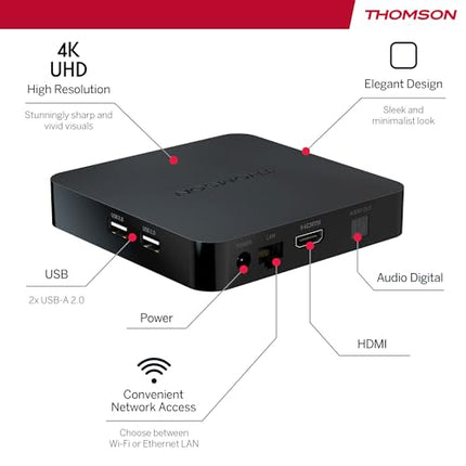THOMSON Streaming Box 240 | Google TV | 4K UHD | Google Assistant | Google Cast | WiFi | Bluetooth 5.0 | HDMI 2.1 | Dolby Atmos | Dolby Digital+ | HDR10 | 2 GB RAM | 8 GB salvestusruumi