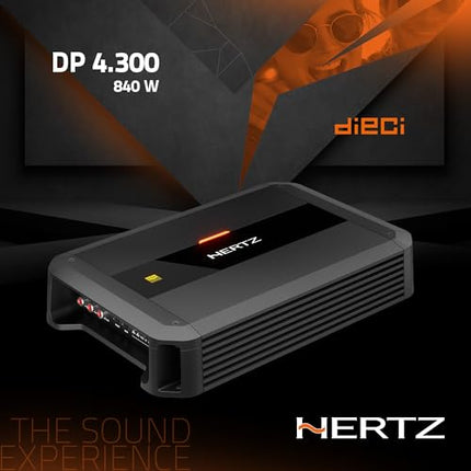 Hertz Dieci Power DP 4.300 – 4-kanaliline AB-klassi võimendi, mille RMS-võimsus on 4 × 105 W 2 Ω juures, Hi-Res Audio sertifikaat, reguleeritavad kõrg- ja madalpääsfiltrid (50–4000 Hz)