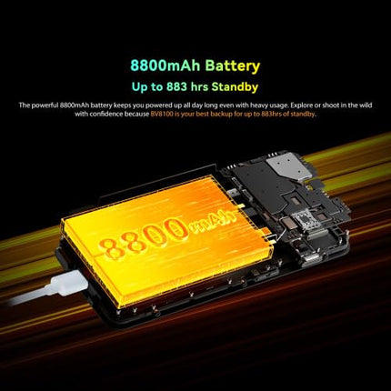 Blackview BV8100 lepinguta õues kasutatav nutitelefon, kahe LED-taskulampiga, 24 GB + 256 GB, 6,5'' 120 Hz 2,4K FHD+, 50 MP kaamera, 8800 mAh aku, IP68 Android 14 veekindel ja vastupidav telefon, GPS NFC must
