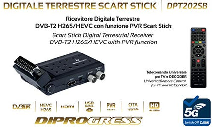 DIPROGRESS DPT202SB digitaalne maapealne SCART-pulk DVB-T2 H265/HEVC Main 10 koos universaalse kaugjuhtimispuldiga telerile