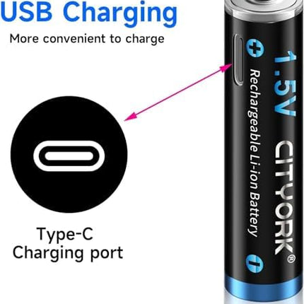 CITYORK USB-C AA AAA Rechargeable Batteries Lithium Rechargeable, 4 pieces 1.5V AA batteries 3000mWh and 4 pieces AAA batteries 1200mWh with 4-in-1 USB charging cable