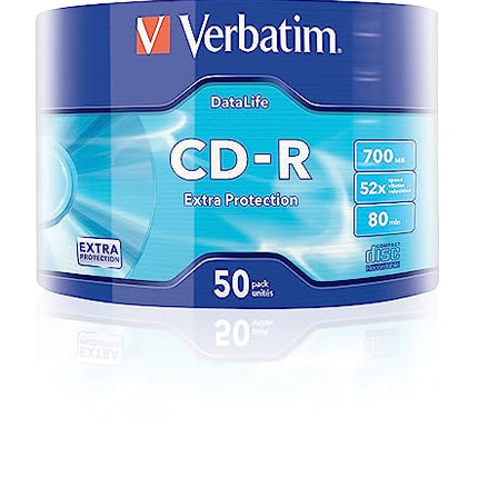 Verbatim CD-R Extra Protection, tühjad CD-d 700 MB andmesalvestusega, ideaalsed foto- ja videosalvestuste jaoks, ühilduvad iga tavalise CD-draiviga, 50 tk pakis