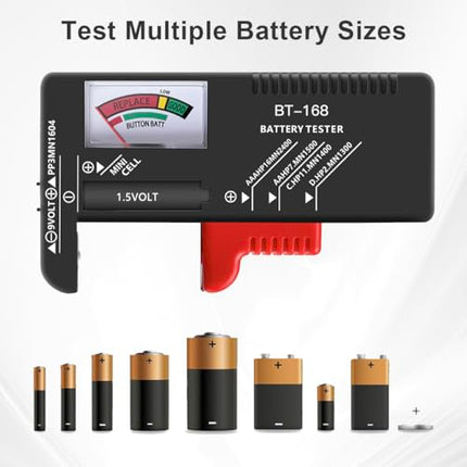 Analog Battery Tester Household Battery Tester BT-168 Small Multi Size Battery Tester for AA AAA CD 15V 9V Button Cell Batteries Ideal for Home School Office No batteries required for operation