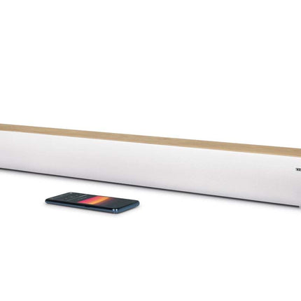 Thomson SB401BT heliriba – 200 W koguvõimsus – Bluetooth 5.0 – Optiline, USB ja AUX sisend – EQ eelhäälestused – Kaugjuhtimispult – LED-allikaindikaator – Seinale kinnitatav – Valge ja puidust disain